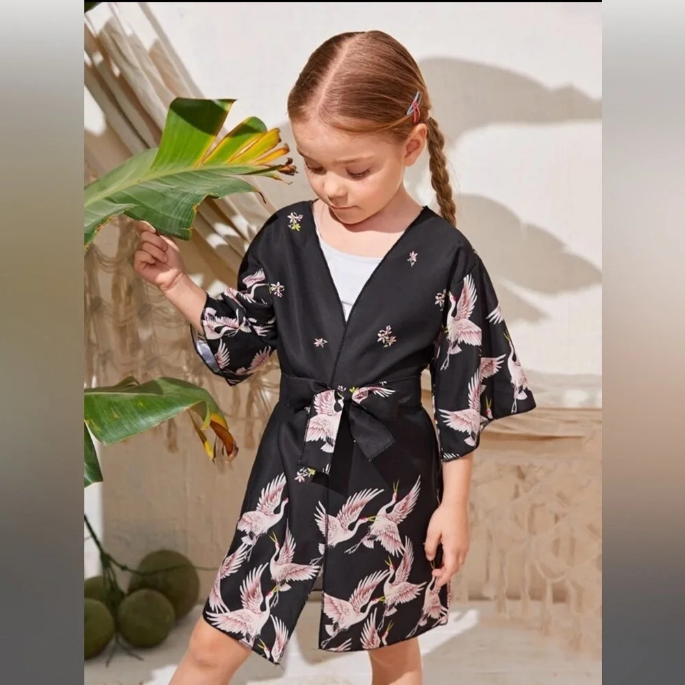 Girls Crane Print Belted Kimono, Size 6 years, NWOT